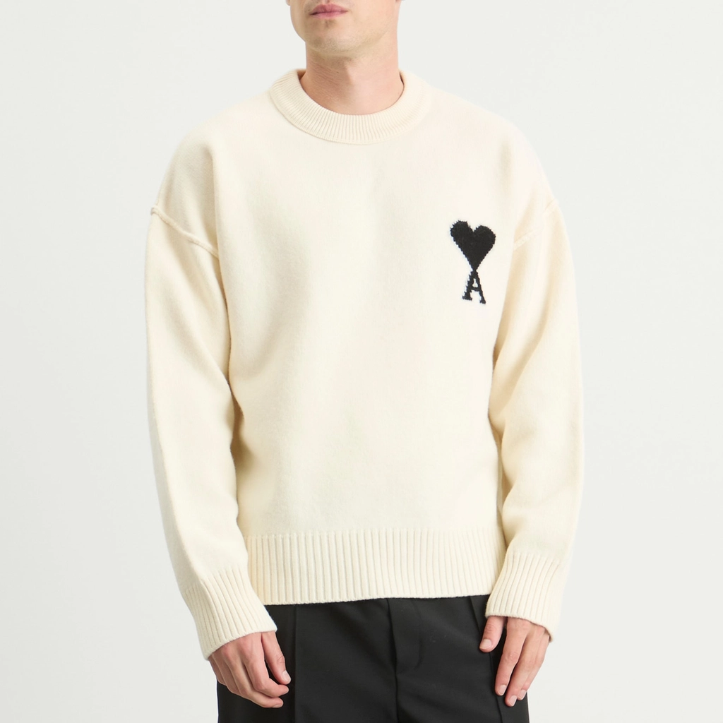 AMI Paris Men's Felted Merino Wool Knit ADC Crew Neck Jumper Ecru/Noir
